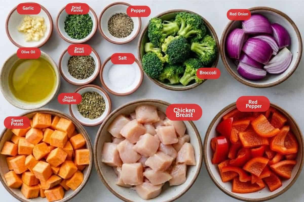 Flat lay photo of ingredient shot of garlic, dried parsley, pepper, dried basil, broccoli, red onion, red pepper, chicken breast, dried oregano, salt, sweet potatoes, olive oil, pepper - 2