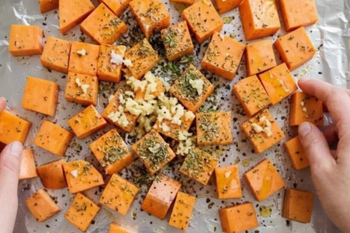 Spread the sweet potatoes on the tray and toss with 1 tablespoon oil, garlic, herbs, salt, and pepper. - 4