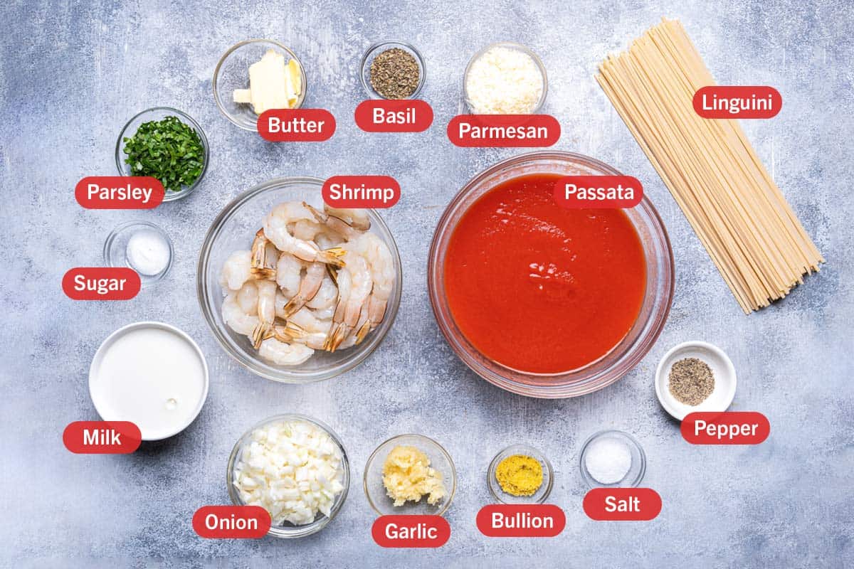 ingredients for 15 minute creamy tomato garlic butter shrimp all laid out in top view