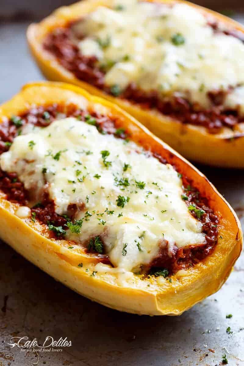 Spaghetti Squash Lasagna Boats | https://cafedelites.com