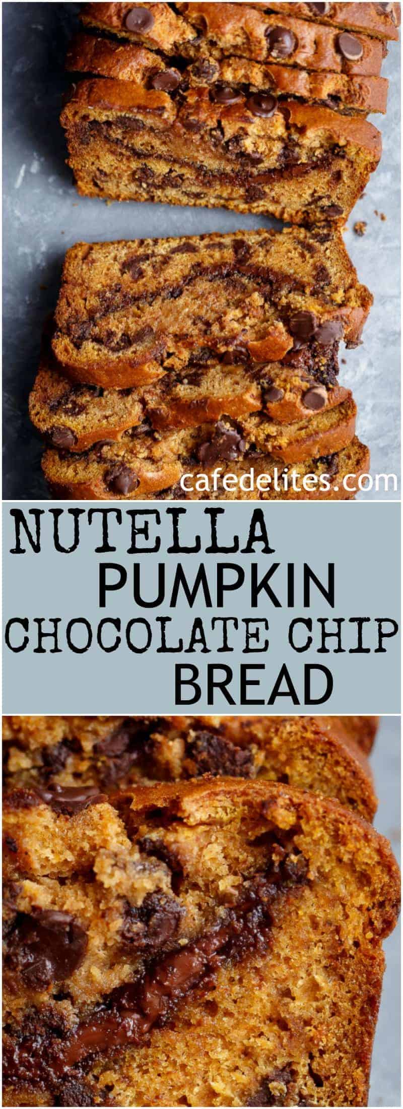One Bowl Nutella Pumpkin Chocolate Chip Bread is filled with fall flavours and melt in your mouth chocolate chips! With just a handful of ingredients, this is THE bread of the season the whole family will love! | https://cafedelites.com