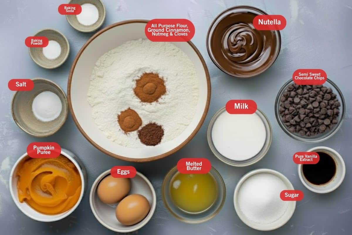 Flat lay photo of ingredient shot of baking powder, baking soda, salt, pumpkin puree, all purpose flour, ground cinnamon, nutmeg and cloves, eggs, melted butter, milk, sugar, pure vanilla extract, semi sweet chocolate chips.