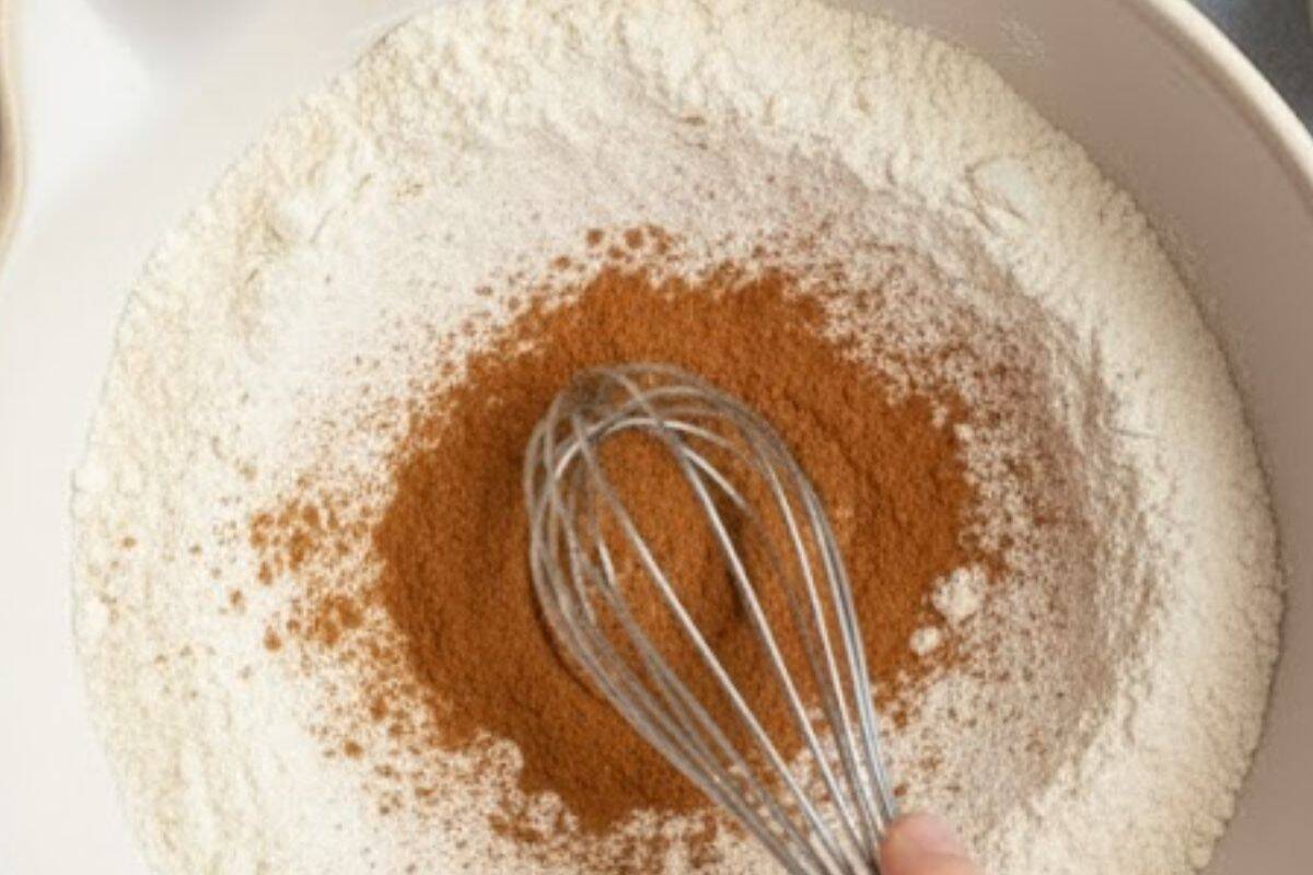 In a bowl, whisk together the flour, sugar, baking soda, baking powder, salt, cinnamon, nutmeg, and cloves 