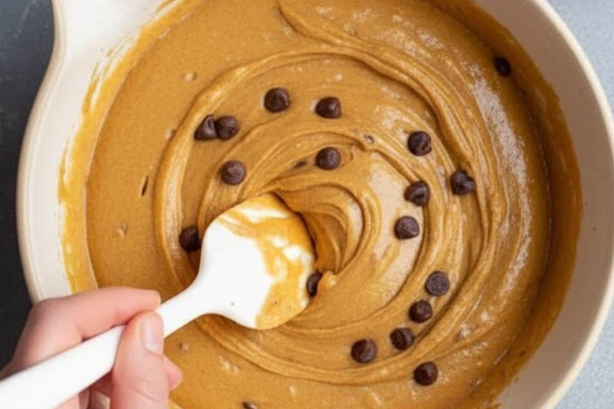 Using a spatula, fold the wet and dry ingredients together until a thick, smooth batter forms. Stir in the chocolate chips.