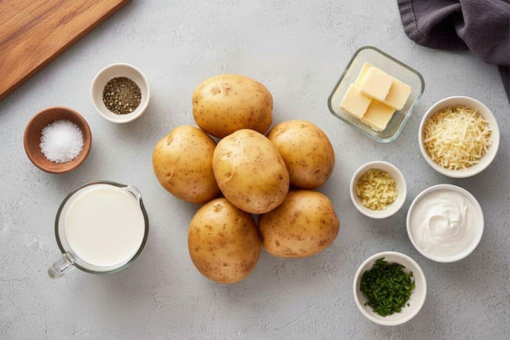 an image of the raw ingredients in bowls ready to make creamy mash in a slow cooker