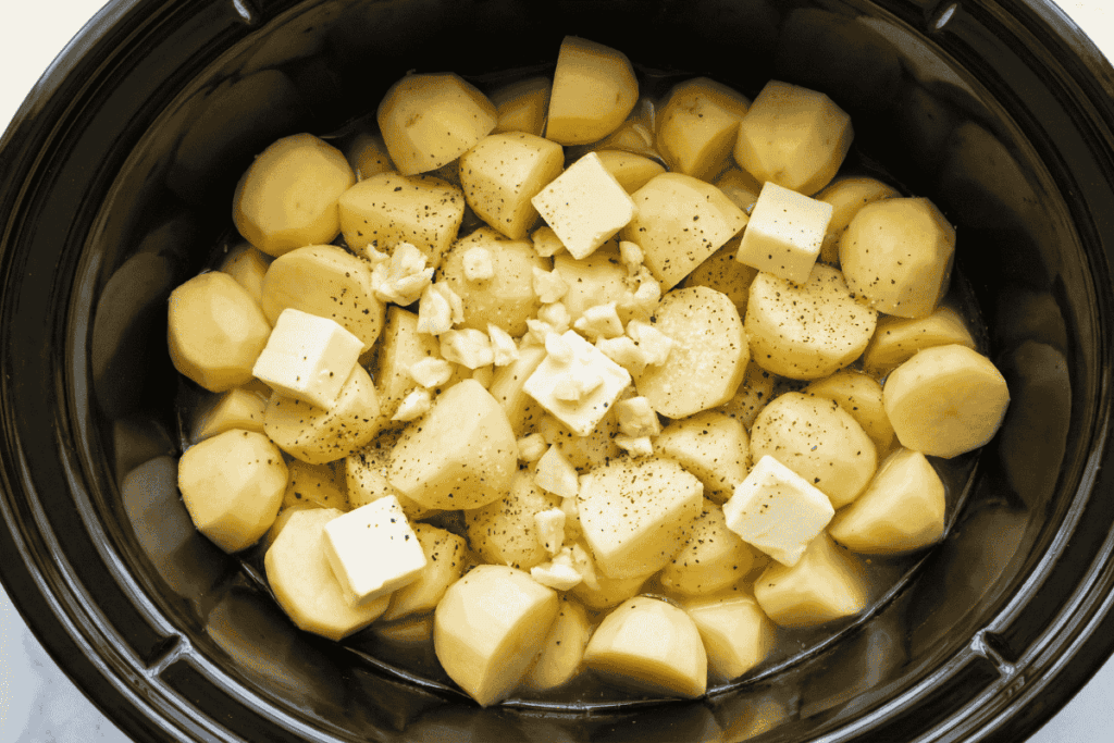 A slow cooker pot filled with potato chunks and butter