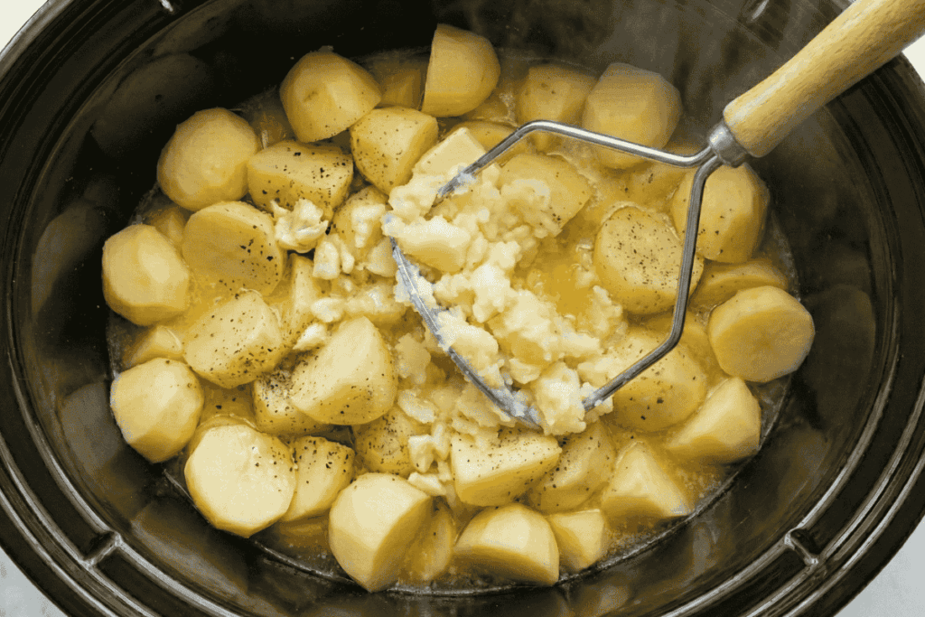 potatoes in a slow cooker being mashed with butter 