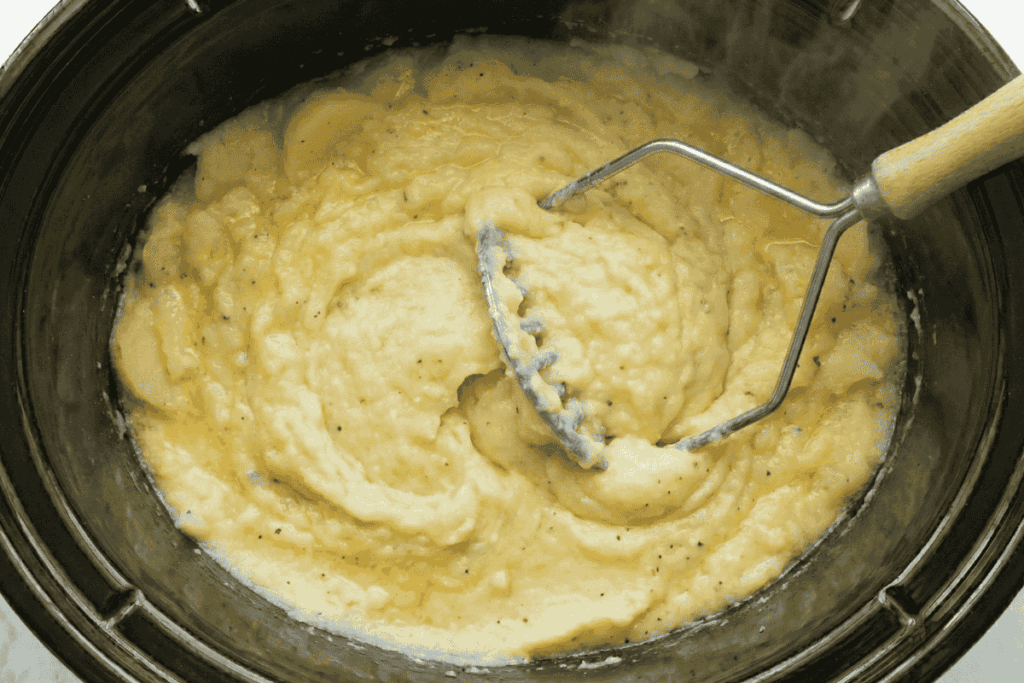 potatoes mashed in a slow cooker