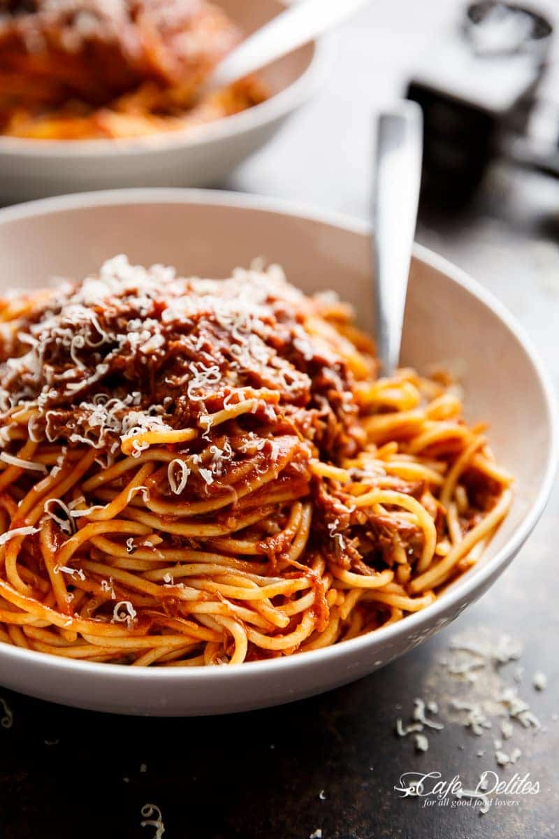 Slow Cooker Beef Ragu is a rich and tender, fall-apart tomato beef sauce. With all the magic happening in your slow cooker, come home to a satisfying, ready-made home cooked dinner! | https://cafedelites.com