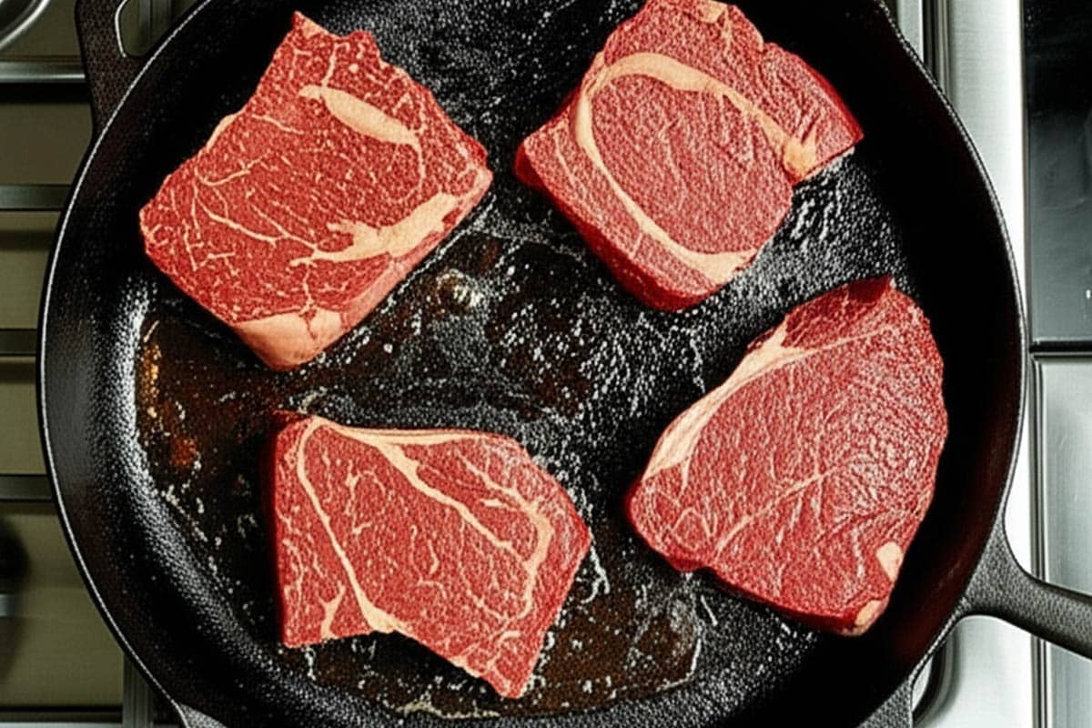 Searing beef.
