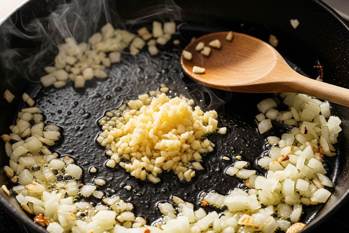 Sautéed garlic in a pan.