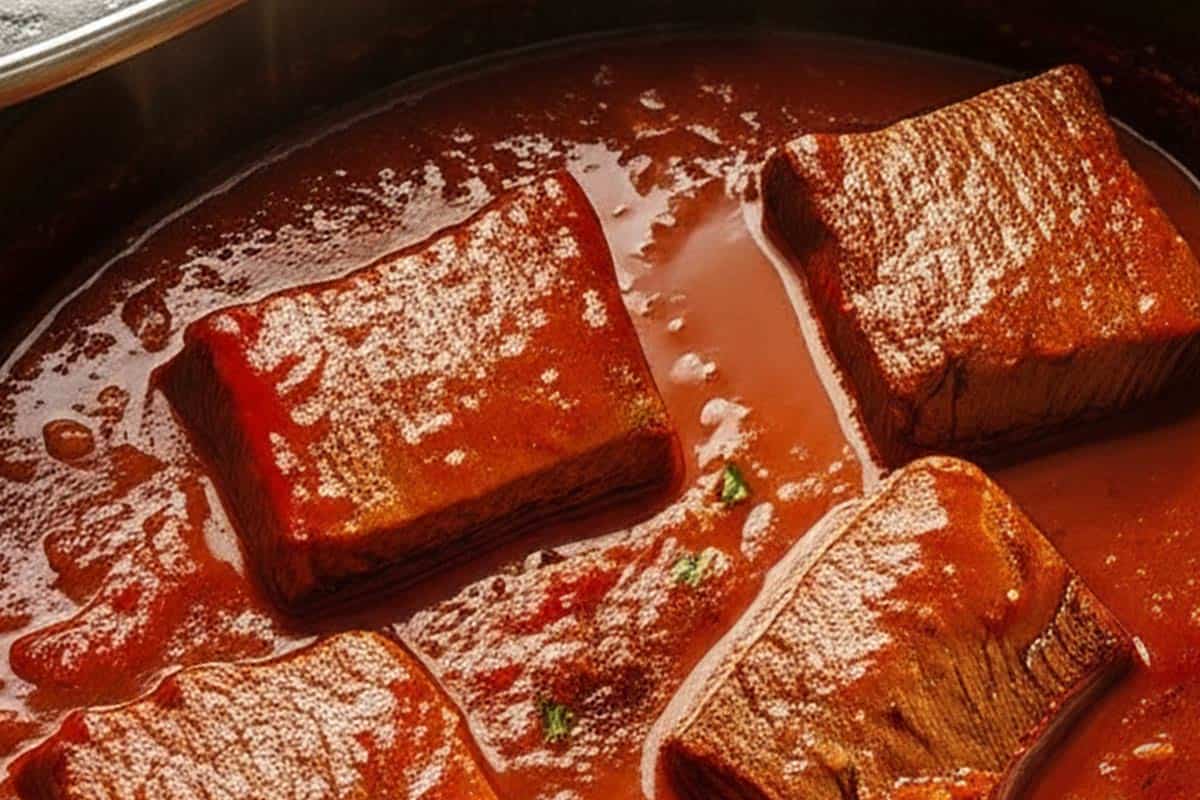 Beef in the slow cooker with ragu sauce mixture.