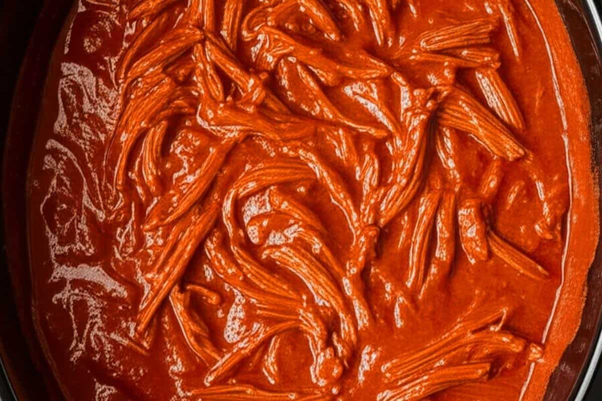 Shredded beef mixed well into the sauce.