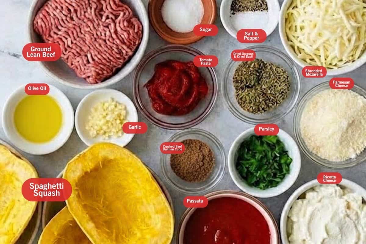 Flat lay photo of ingredient shot for spaghetti squash lasagna boats
(ground beef, sugar, salt and pepper, shredded mozzarella, parmesan cheese, ricotta cheese, parsley, passata, crushed cube beef bouillon, spaghetti squash, tomato paste, dried oregano and dried basil,  ground lean beef, olive oil, garlic) - 2