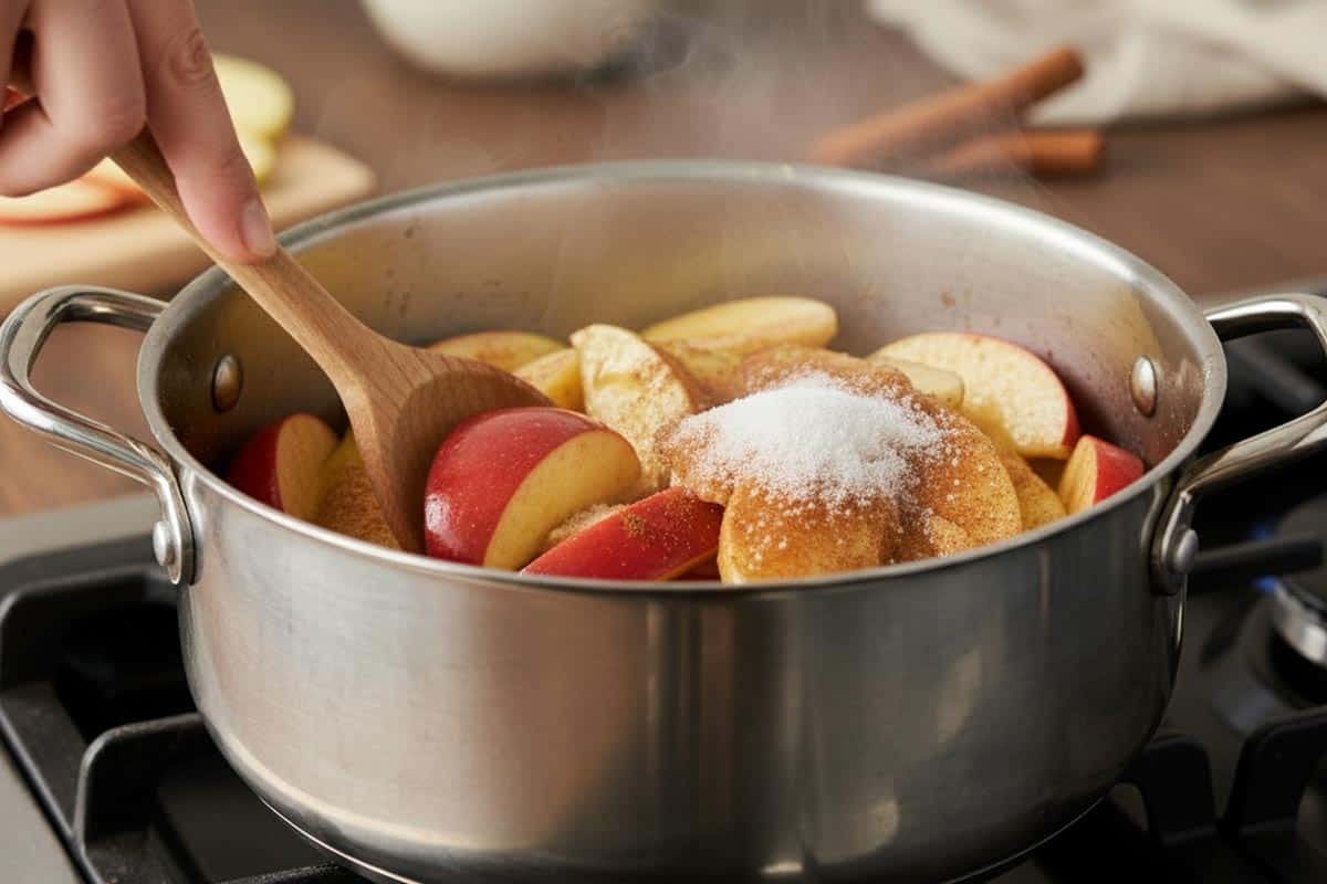 Stirring the sliced apples, sugar, and cinnamon in a pot.