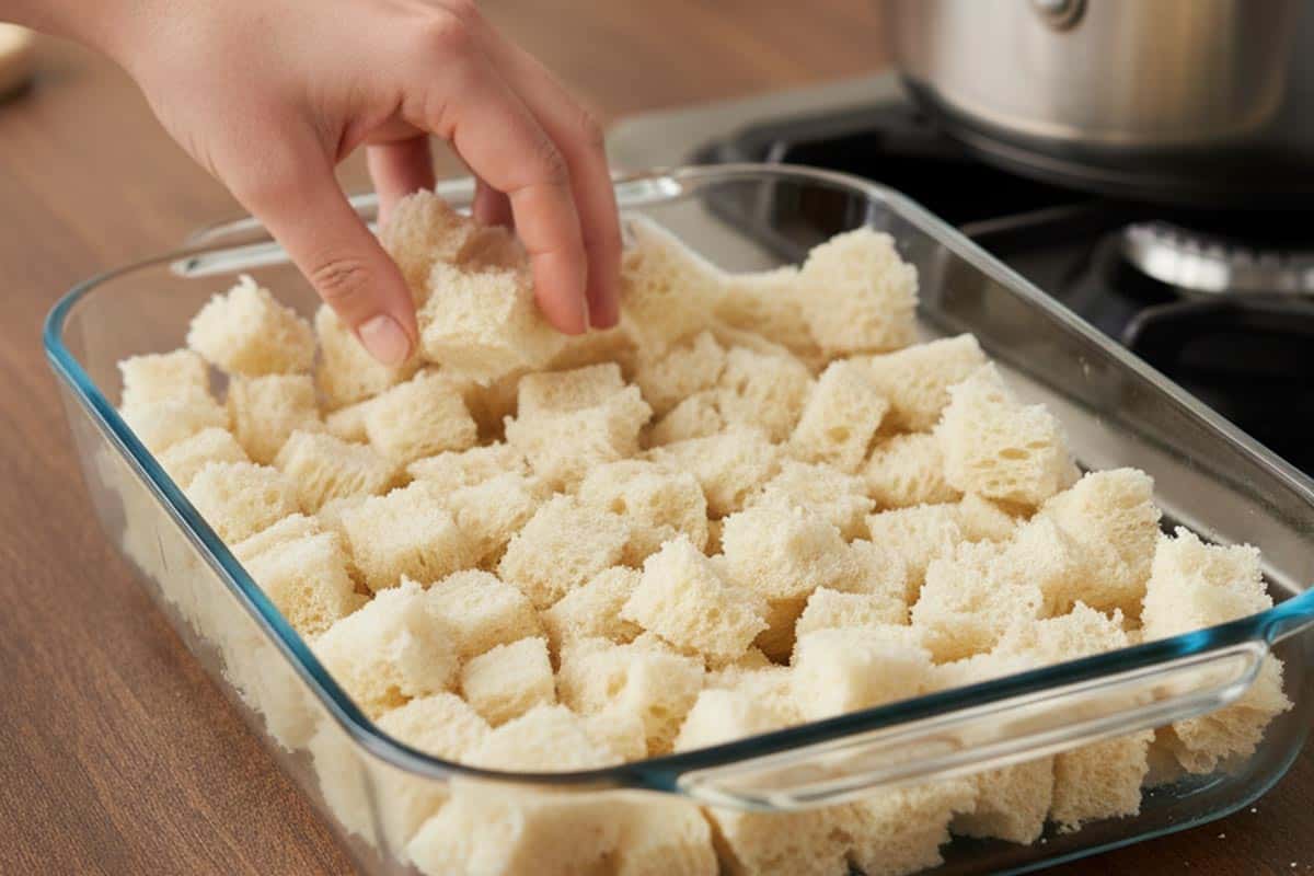 Arranging the cubed bread evenly in the dish.