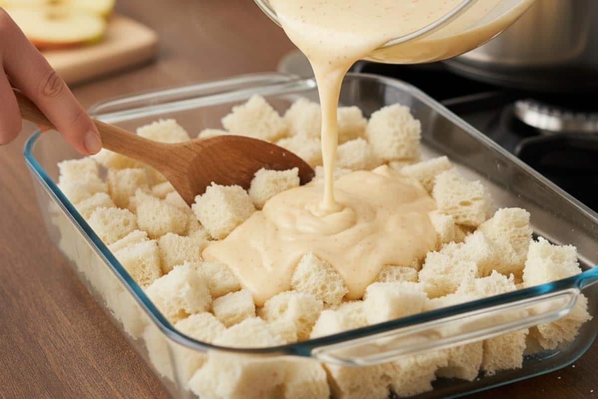 Pouring the custard over the bread.