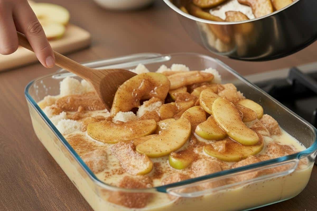 Adding the sliced apple pie filling over the soaked bread.