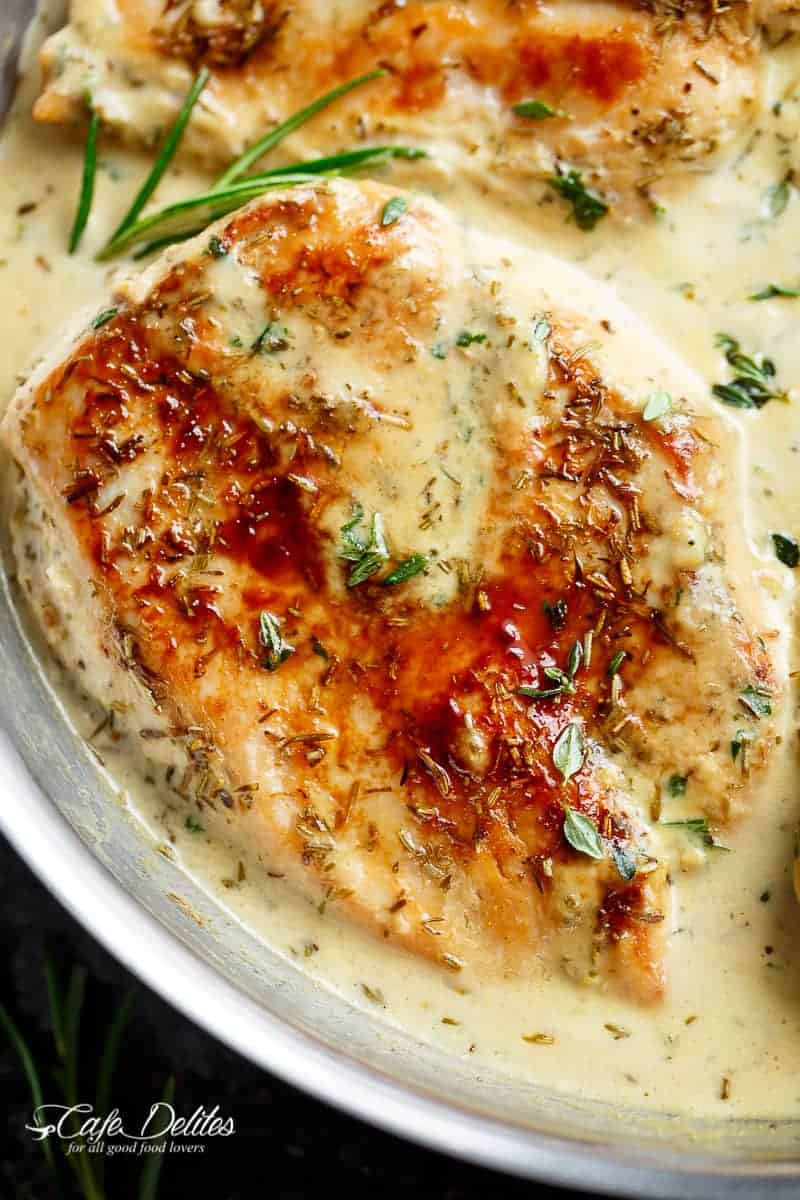 Quick And Easy Creamy Herb Chicken, filled with so much flavour, ready and on your table in 15 minutes! You won't believe how easy this is! | http://cafedelites.com