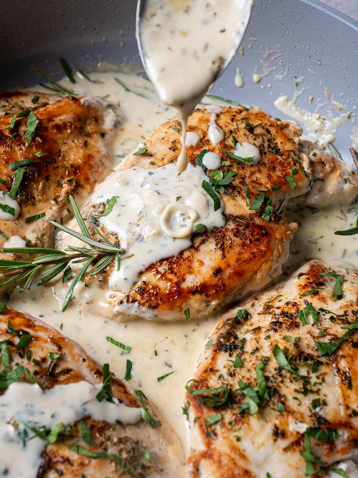 Close-up image of creamy chicken with herbs in a pan, being covered with its own sauce.