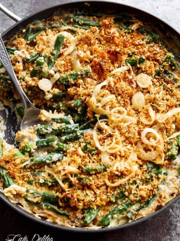 An easy to make Stove Top Green Bean Parmesan Casserole, with a creamy mushroom sauce, all made from scratch and on the stove to save precious oven space!