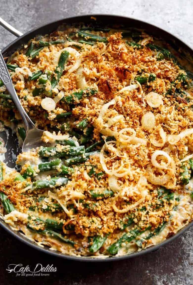 An easy to make Stove Top Green Bean Parmesan Casserole, with a creamy mushroom sauce, all made from scratch and on the stove to save precious oven space! | https://cafedelites.com