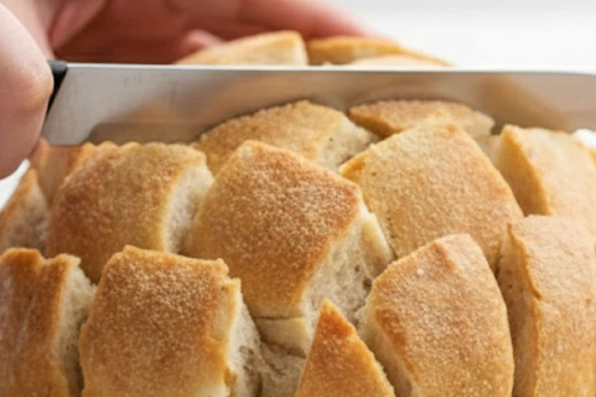 Place the unsliced loaf on a board. Slice diagonally almost to the base