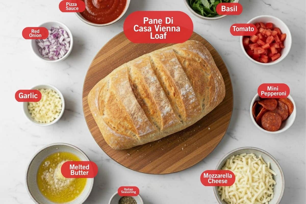 Flat lay of of ingredient shot of pizza sauce, basil, tomato, mini pepperoni, mozzarella cheese, Italian seasoning, garlic, melted butter