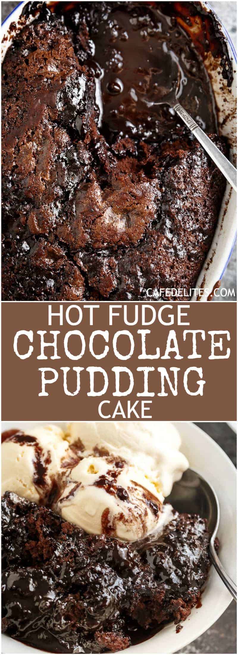 Hot Fudge Chocolate Pudding Cake is extremely easy to make! A rich chocolate fudge sauce forms underneath a layer of chocolate cake while baking, by itself! | https://cafedelites.com
