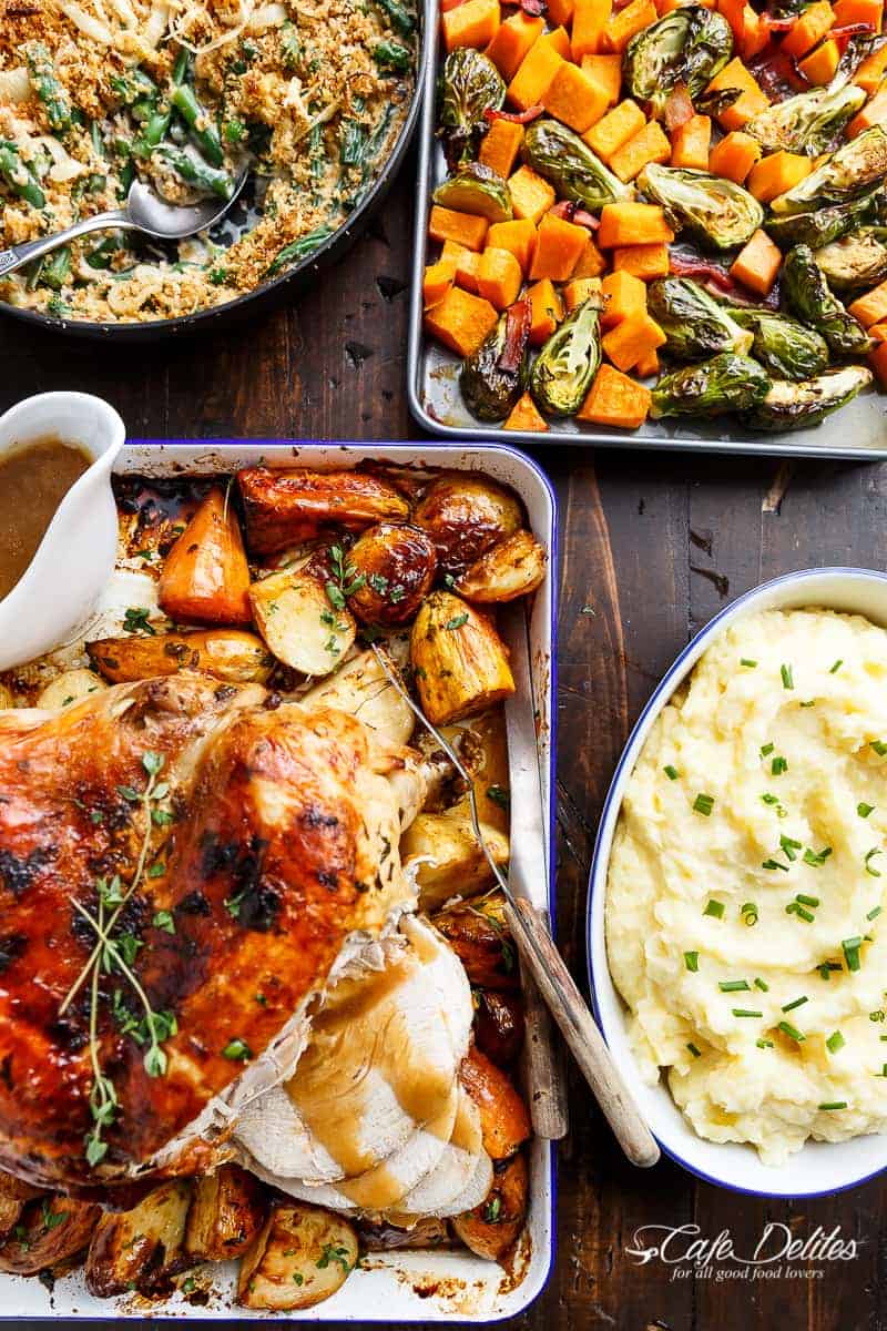 One Pan Juicy Herb Roasted Turkey & Potatoes, with a flavourful gravy made with only 3 ingredients, just in time for Thanksgiving menu planning! | https://cafedelites.com