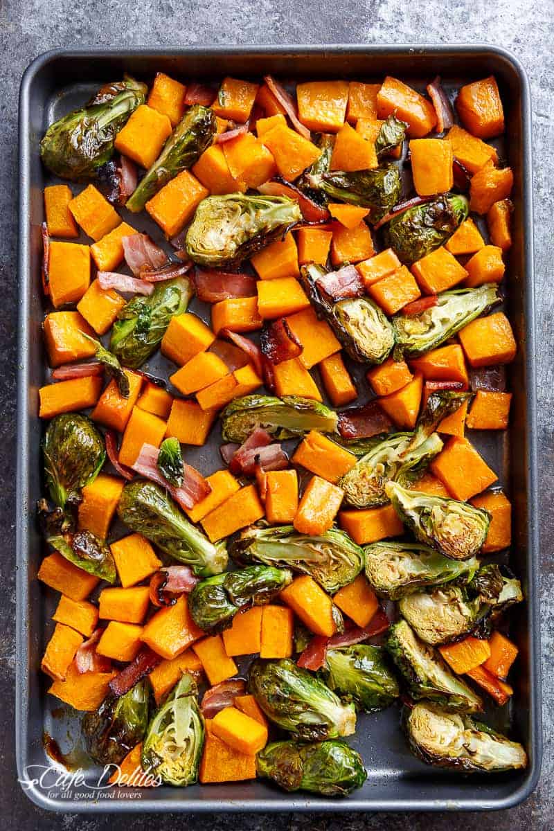Honey Roasted Butternut Squash & Brussels Sprouts With Bacon | https://cafedelites.com