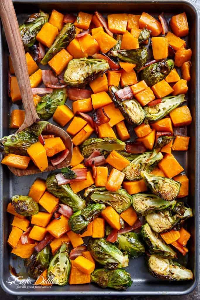 Honey Roasted Butternut Squash & Brussels Sprouts With Bacon - Cafe Delites