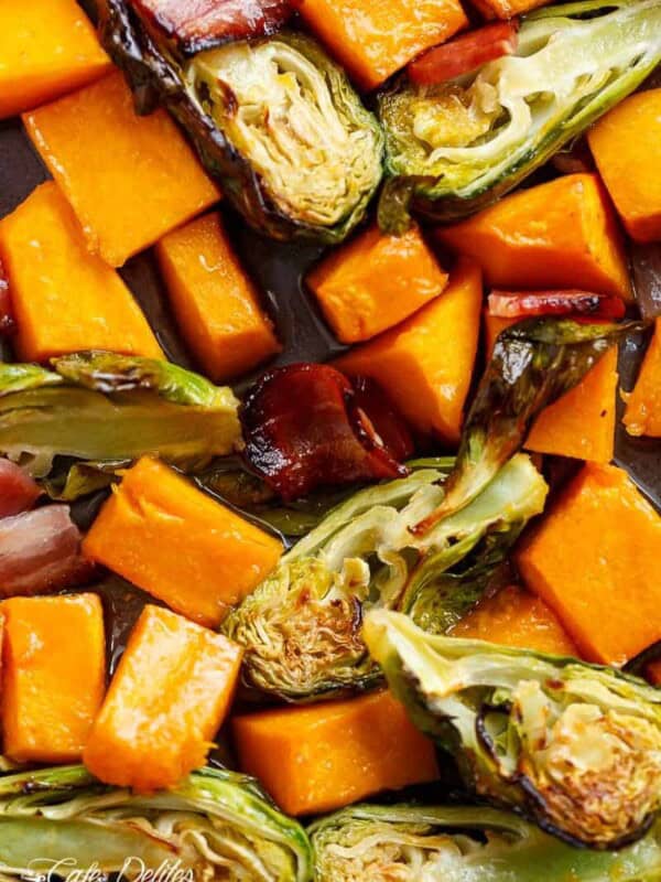 Honey Roasted Butternut Squash & Brussels Sprouts With Crispy Bacon Pieces