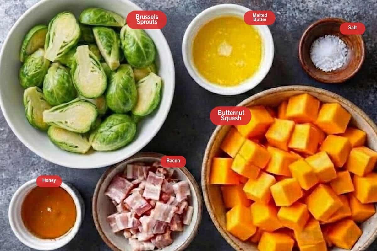 Flat lay photo of ingredient shot of Brussels sprouts, melted butter, salt, butternut squash, bacon, honey - 2
