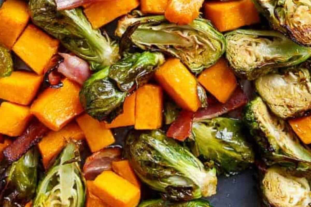 Pan fry the bacon until crisp, then stir it through the roasted squash and sprouts - 6