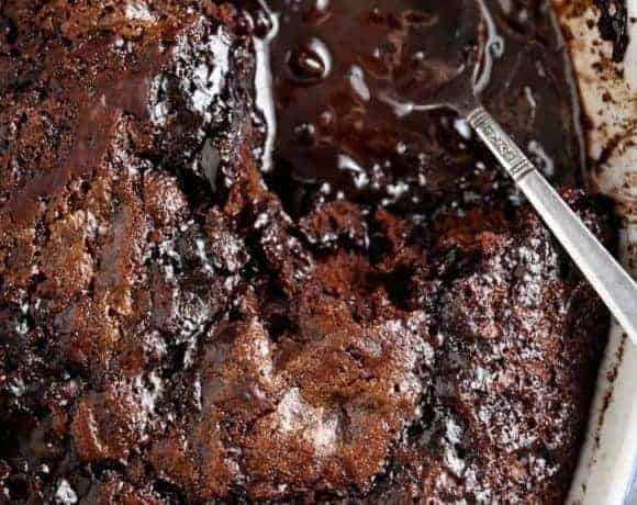 Hot Fudge Chocolate Pudding Cake is a rich chocolate fudge sauce forms underneath a layer of chocolate cake while baking, by itself!