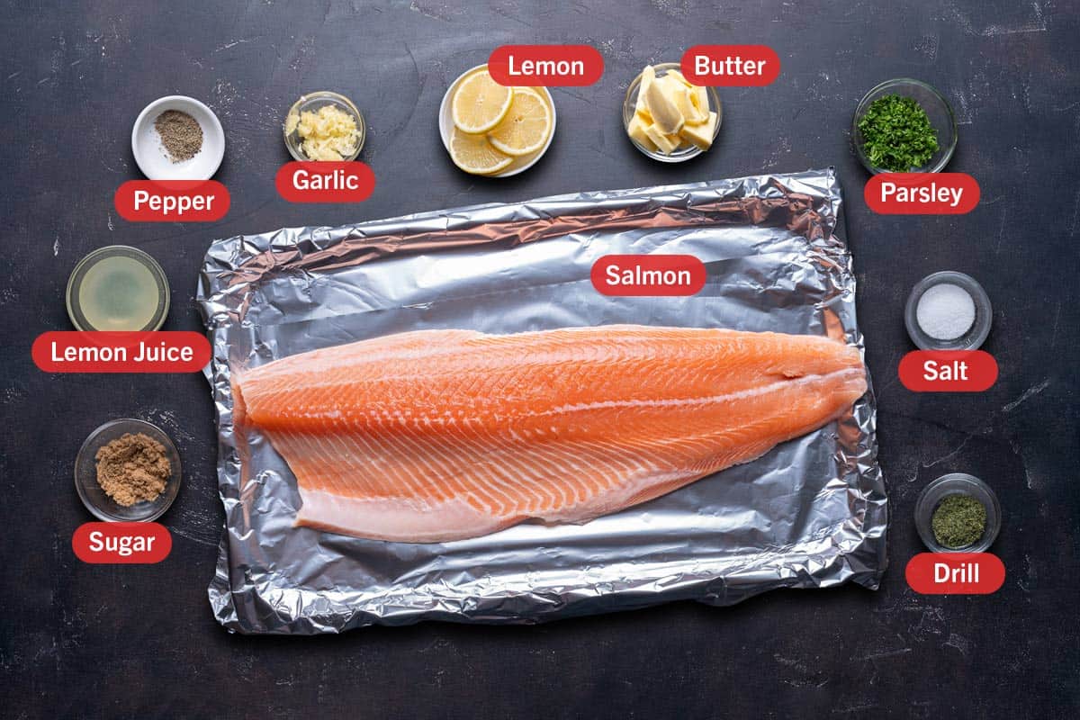 Ingredients against a black background, pepper, garlic, lemon, butter, Parsley, Lemon Juice, Salmon, Salt, Sugar,Drill