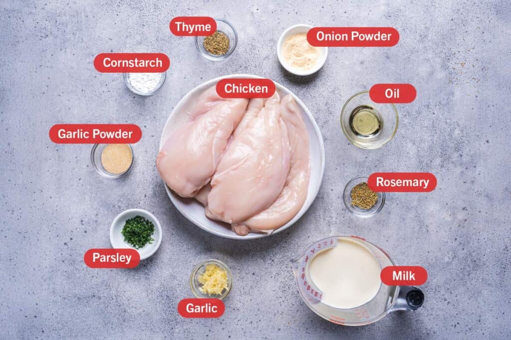 Image of the ingredients needed for the preparation of the Creamy Chicken With Herbs, specifically: Chicken Breasts, onion powder, oil, rosemary, milk, garlic, parsley, garlic powder, cornstarch, and thyme.