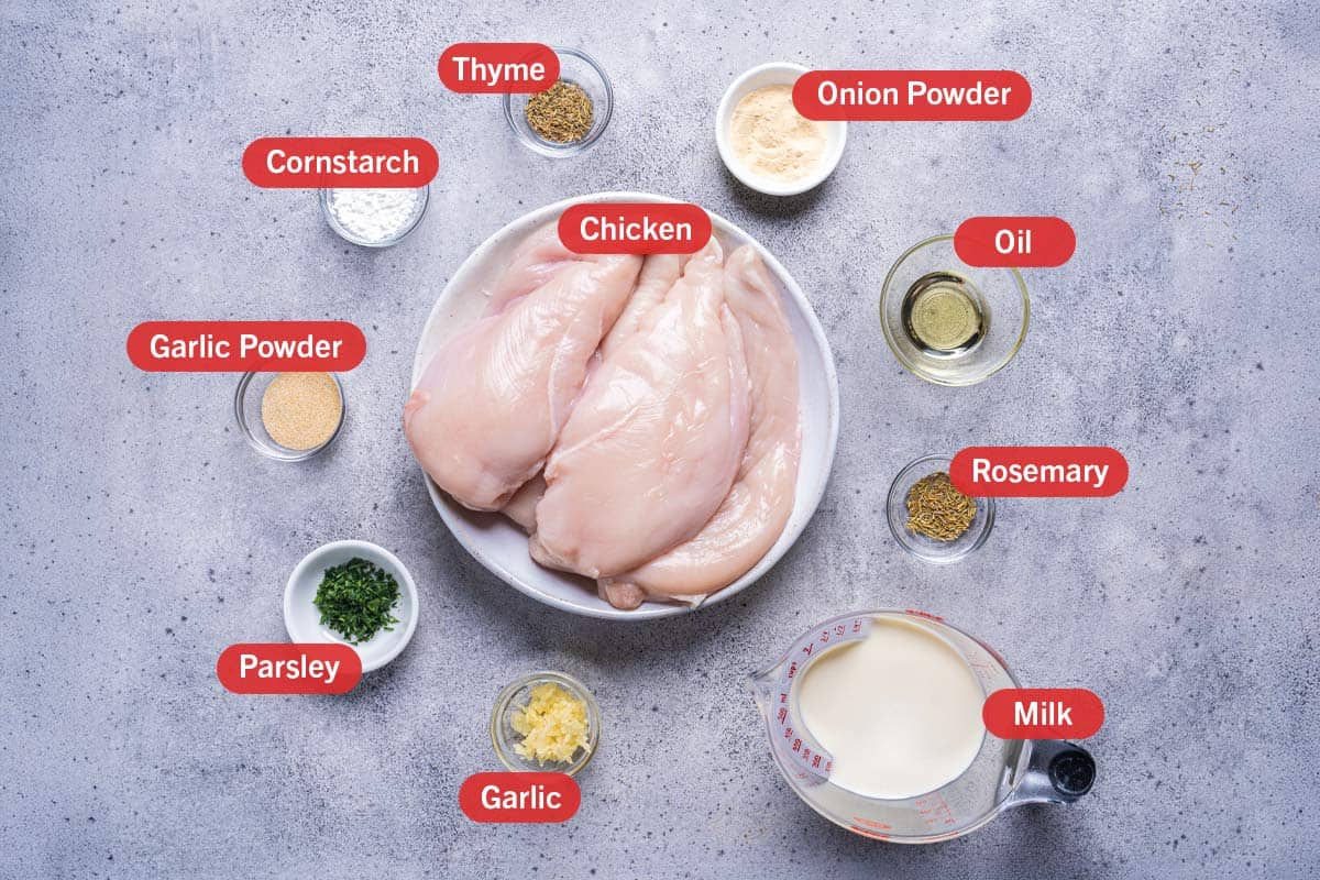 Image of the ingredients needed for the preparation of the Creamy Chicken With Herbs, specifically: Chicken Breasts, onion powder, oil, rosemary, milk, garlic, parsley, garlic powder, cornstarch, and thyme.