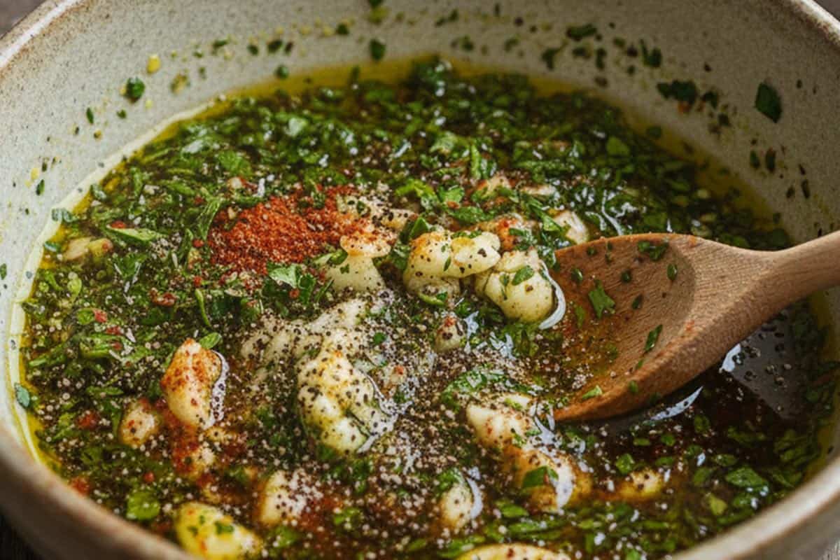 Mixing the olive oil, garlic, parsley, thyme, paprika, salt, and pepper in a small bowl.