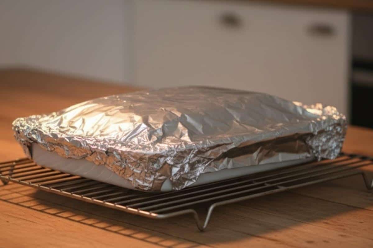 Letting the turkey with foil rest at room temperature.