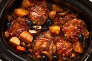 Finished slow cooker chicken cacciatore with mushrooms, olives, and potatoes
