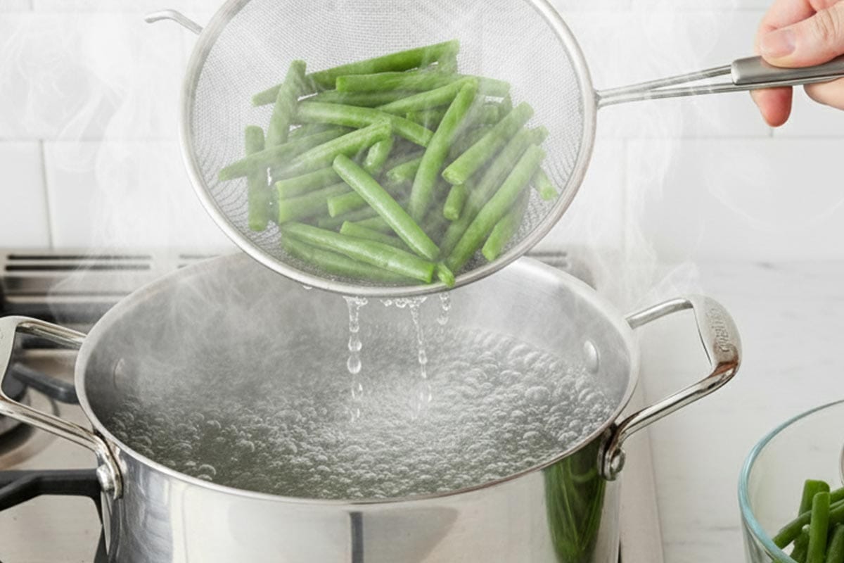 Draining the beans from a pot with boiling water.