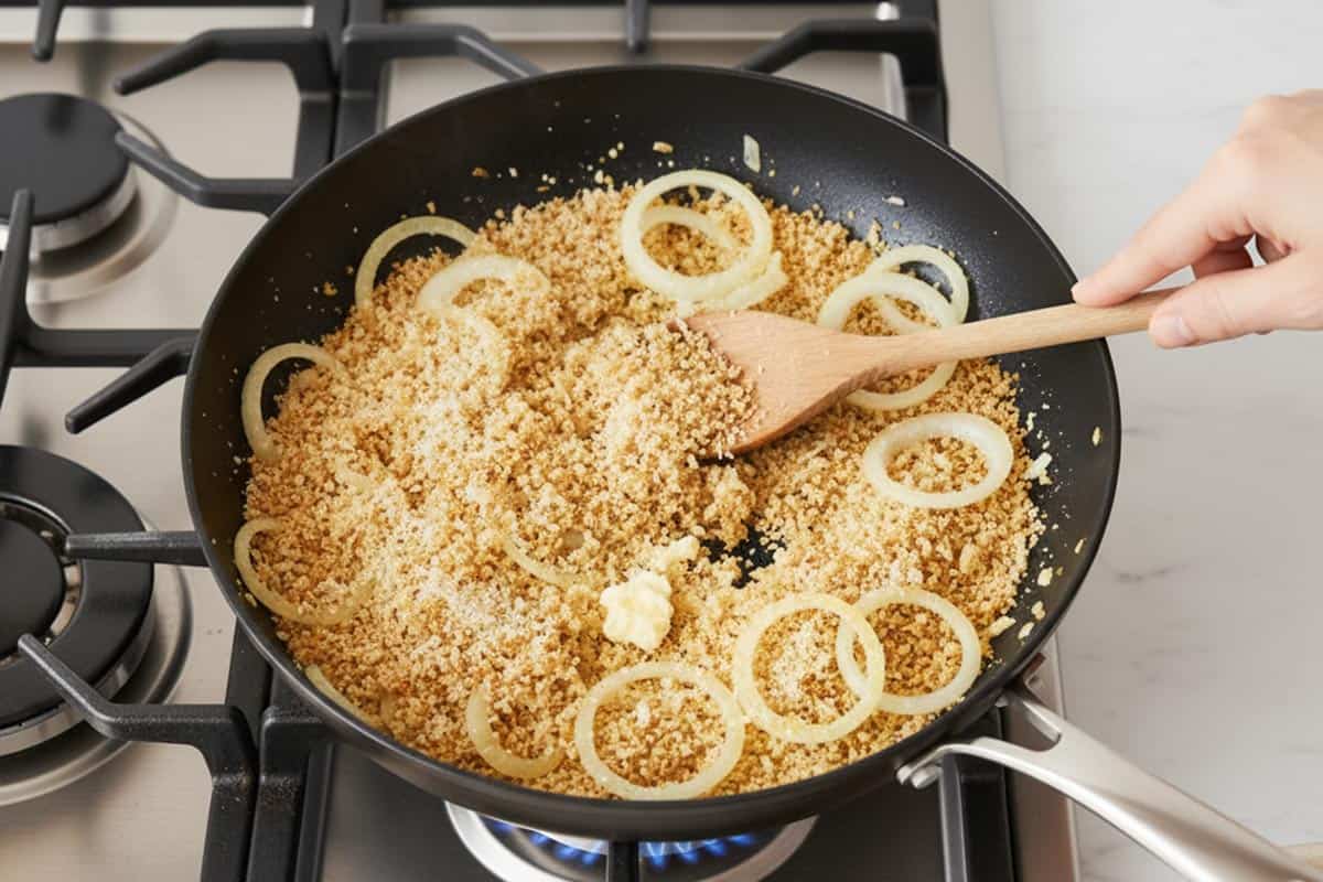 Added the panko breadcrumbs to the onions and cook, stirring often, until golden and toasted.