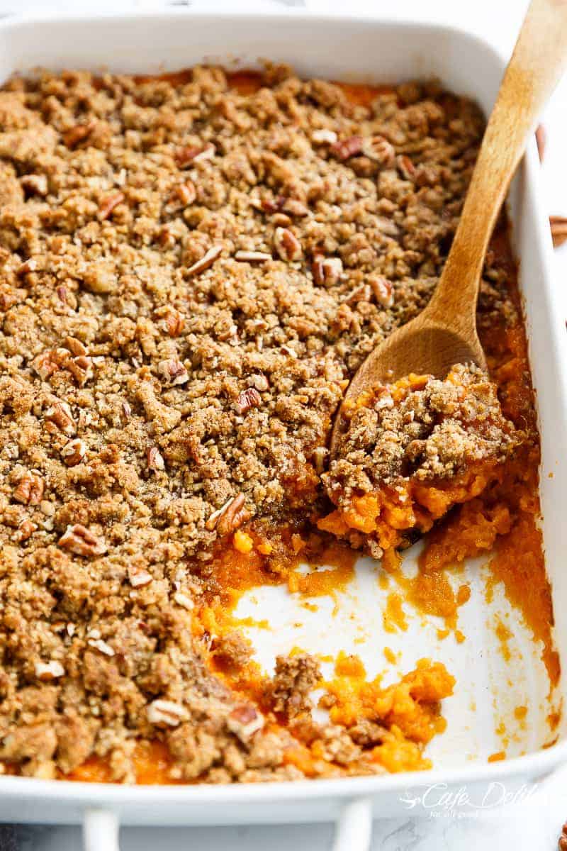 Sweet Potato Casserole (Lightened Up) with a cool trick to cook your sweet potatoes in a QUARTER amount of time for last minute preparation! | https://cafedelites.com