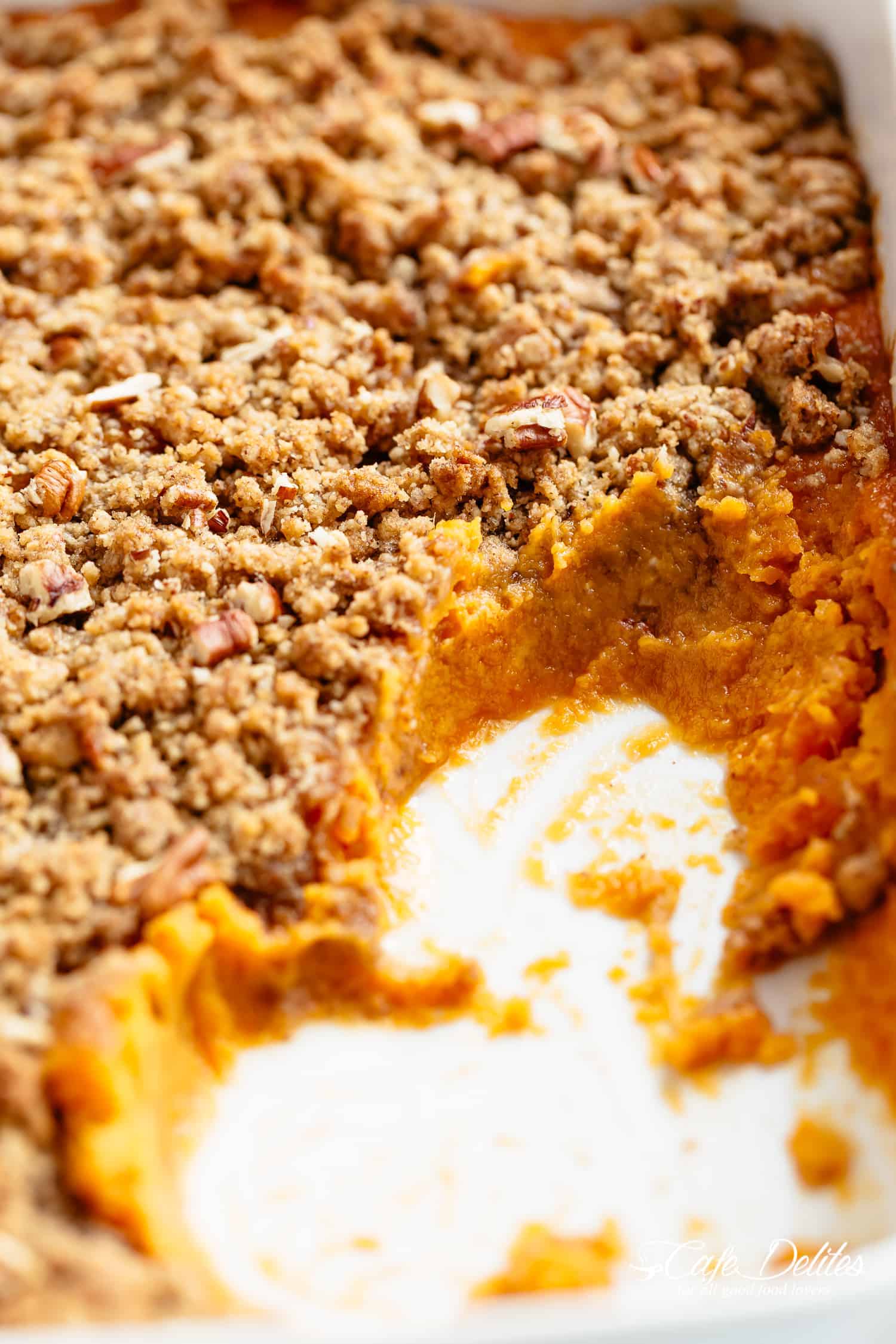 Sweet Potato Casserole with a tricks to cook your sweet potatoes in a QUARTER amount of time for last minute preparation! | cafedelites.com