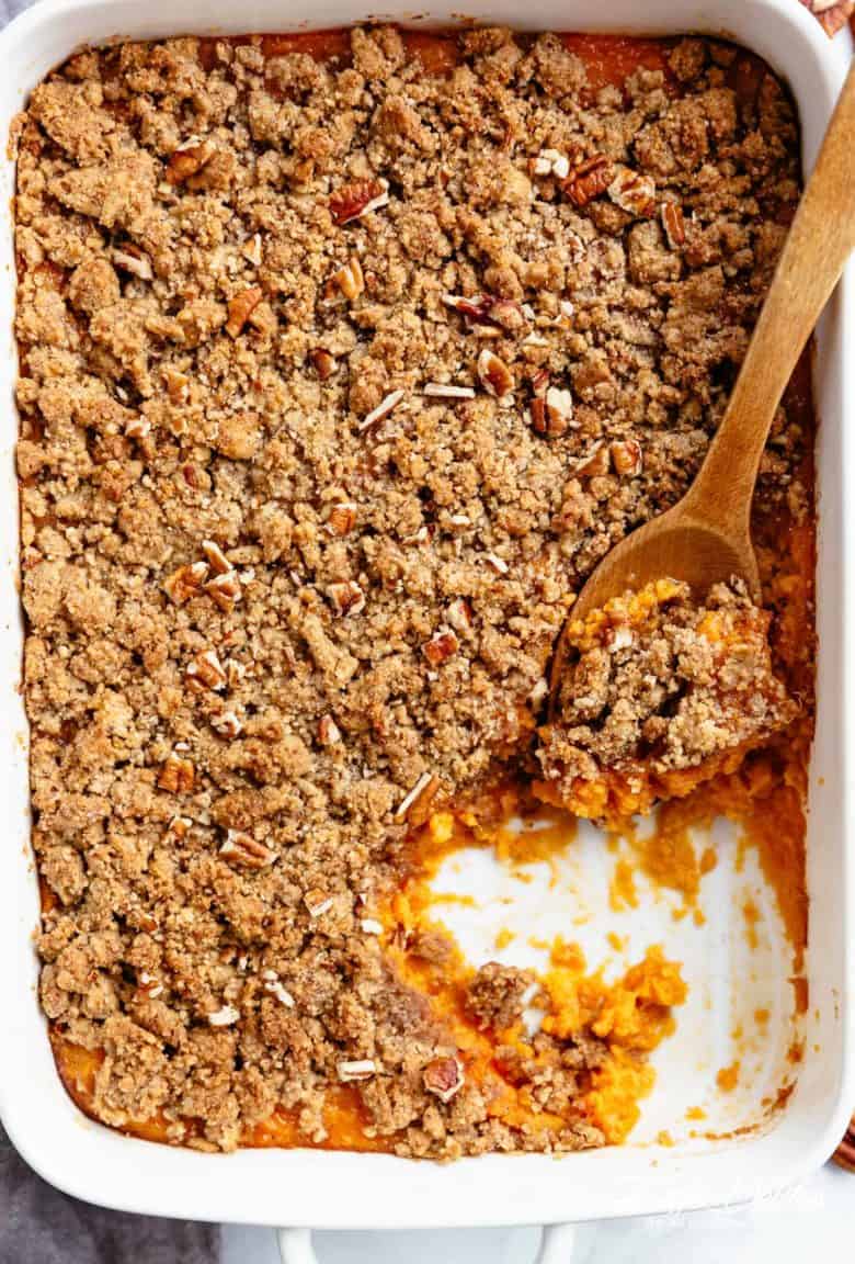 Sweet Potato Casserole with a tricks to cook your sweet potatoes in a QUARTER amount of time for last minute preparation! | cafedelites.com