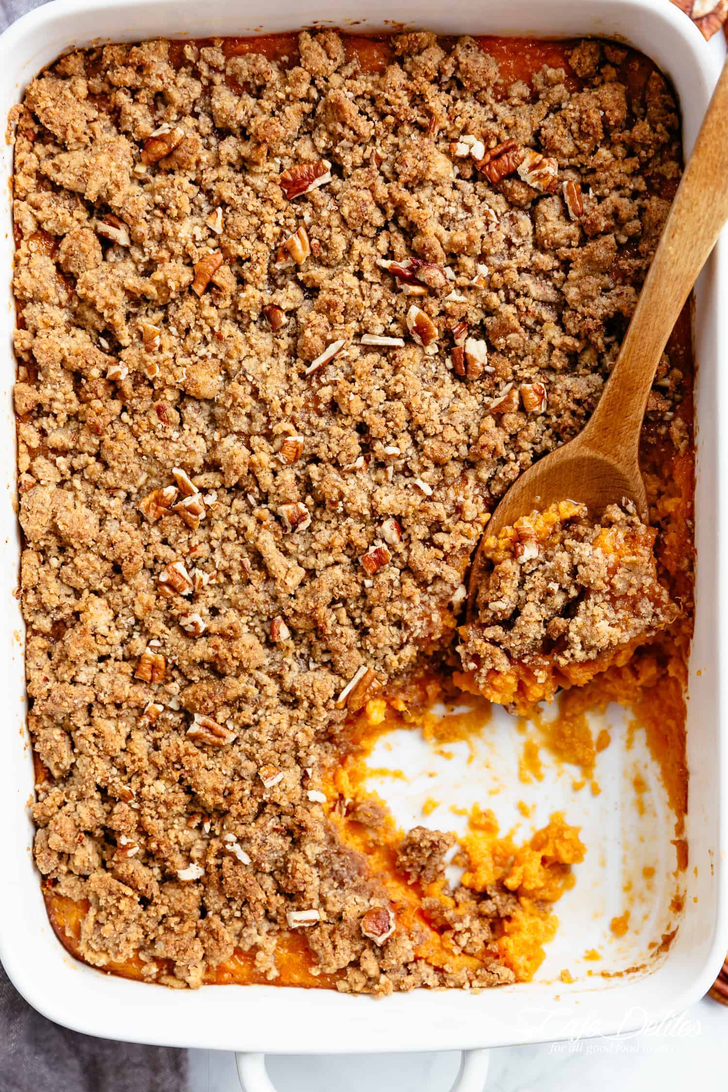 Sweet Potato Casserole with a tricks to cook your sweet potatoes in a QUARTER amount of time for last minute preparation! | cafedelites.com