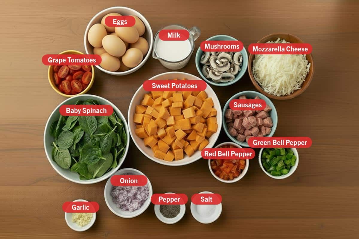 Top shot of ingredients: grape tomatoes, eggs, milk, mushrooms, mozzarella cheese, baby spinach, sweet potatoes, sausages, red bell pepper, green bell pepper, garlic, onion, pepper, salt.