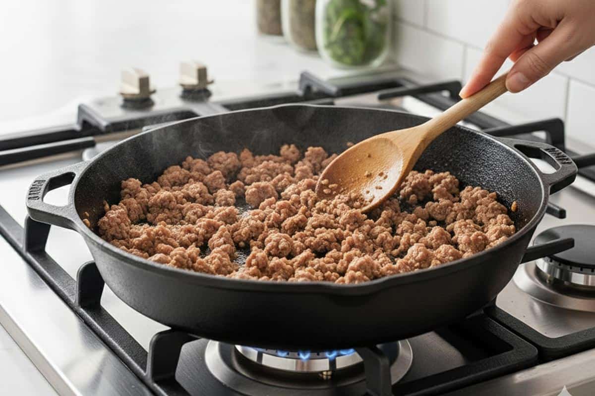 Frying the sausage in the pan.